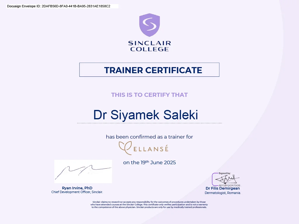 Sinclair ELLANSÉ eğitmen sertifikası – Uzm. Dr. Siyamek Saleki
